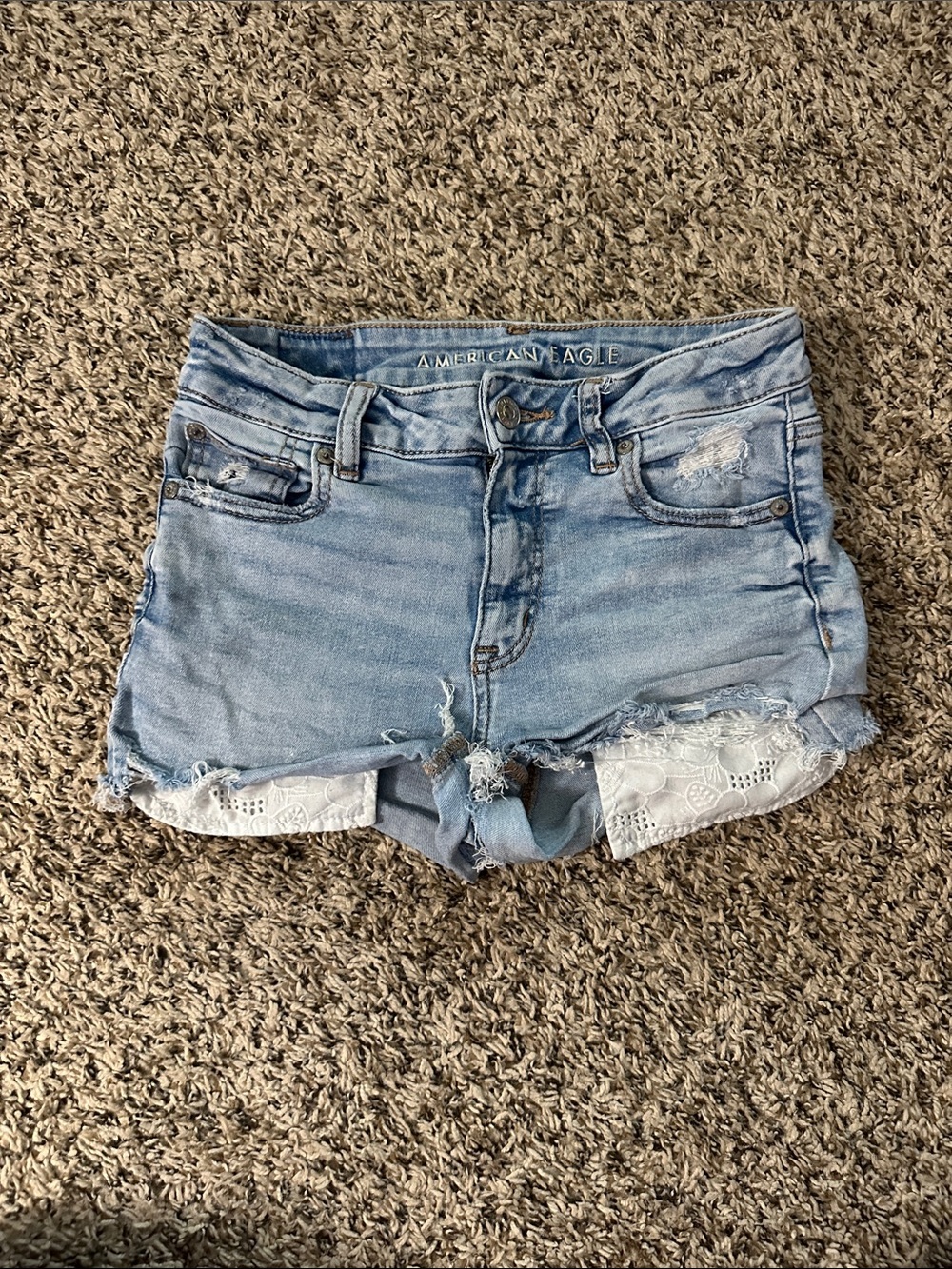 American Eagle Outfitters Light Blue Distressed Denim Shorts with Lace Trim (MRO